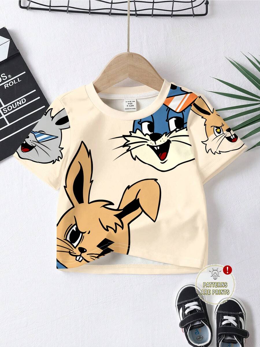 SHEIN Super Cats Baby Boy Casual Cartoon Cat & Rabbit Pattern Loose Fit Round Neck Short Sleeve T-Shirt, Suitable For Summer