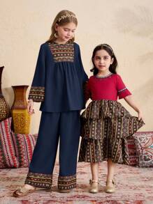 Koszulka z nadrukiem w stylu Tween Girl Woven Solid Patchwork z nadrukiem w kształcie dzwonka z nadrukiem w pozycjonującym stylu Luźne szerokie spodnie z szerokimi nogawkami Zestaw 2 częściowy, styl wiejski, swobodne wakacje, podróże, boho, retro wakacje