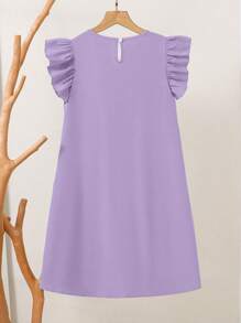 SHEIN 假日、夏季、旅行 青少年女孩纯色褶皱休闲连衣裙，韩版短袖休闲连衣裙，女童儿童纯色连衣裙 - 淡紫色 - 查看 3