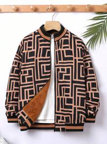 SHEIN Boys' Loose Fit Casual Stand Collar Patterned Fleece Jacket - Black - View 5
