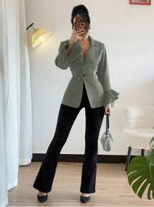 Gloray 女士优雅设计腰部装饰镂空袖口修身西装外套 - 灰色 - 查看 4