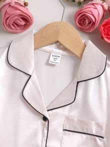 SHEIN 纯色斜纹长袖和裤子睡衣套装，柔软舒适，适合夏季年轻女孩服装套装短袖年轻女孩睡衣年轻女孩夏季套装年轻女孩生日装女孩睡衣套装缎面度假旅行休闲夏装 - 香檳色 - 查看 3