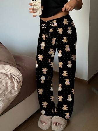 CovetEZ Bear Graphic Low Waist Drawstring Yoga Lounge Pants Fall Clothes Winter Clothes