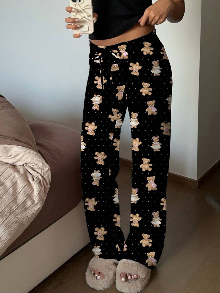 CovetEZ Bear Graphic Low Waist Drawstring Yoga Lounge Pants Fall Clothes Winter Clothes - Black - View 1