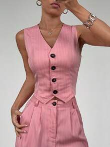 SHEIN Unity Sleeveless Striped Vest And Trousers Suit, Minimalist Fashion Design Suitable For Summer - Pink - View 6