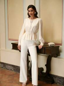 ZEYLAH 女士网眼珠绣花拼布衬衫 - 杏色 - 查看 7