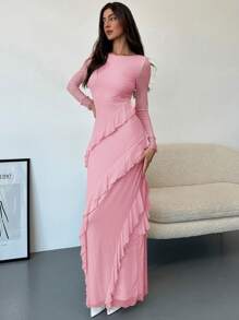 Aloruh 浪漫约会之夜 女式圆领荷叶边长袖紧身网眼杏色长裙 - 粉色 - 查看 3