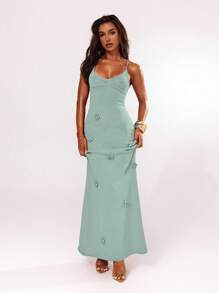 SHEIN BAE Women's 3D Floral Decor Open Back Halter Maxi Knit Dress - Mint Green - View 6