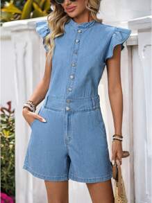 Breezaya Women Button Front Cap Sleeve Casual Denim Jumpsuit - Light Wash - View 4