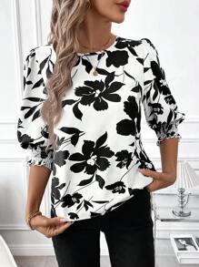 SHEIN Clasi 女士花卉印花圆领泡泡袖休闲衬衫 - 白色 - 查看 3