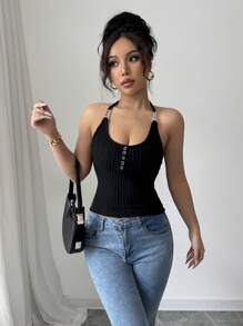 INAWLY Damski swobodny, uniwersalny, szczotkowany, prążkowany, czarny, kwadratowy dekolt, halter, wiązany, ozdobny łańcuszek z przodu, otwarty top - Czarne - Zobacz 4
