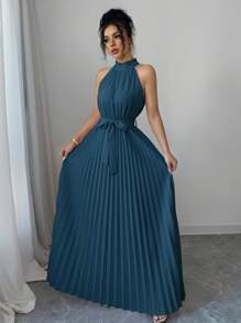 Elenzga Valentine's Day Elegant A-Line Ruffle Collar Waist Cinched Women Dress, Romantic - Teal Blue - View 5