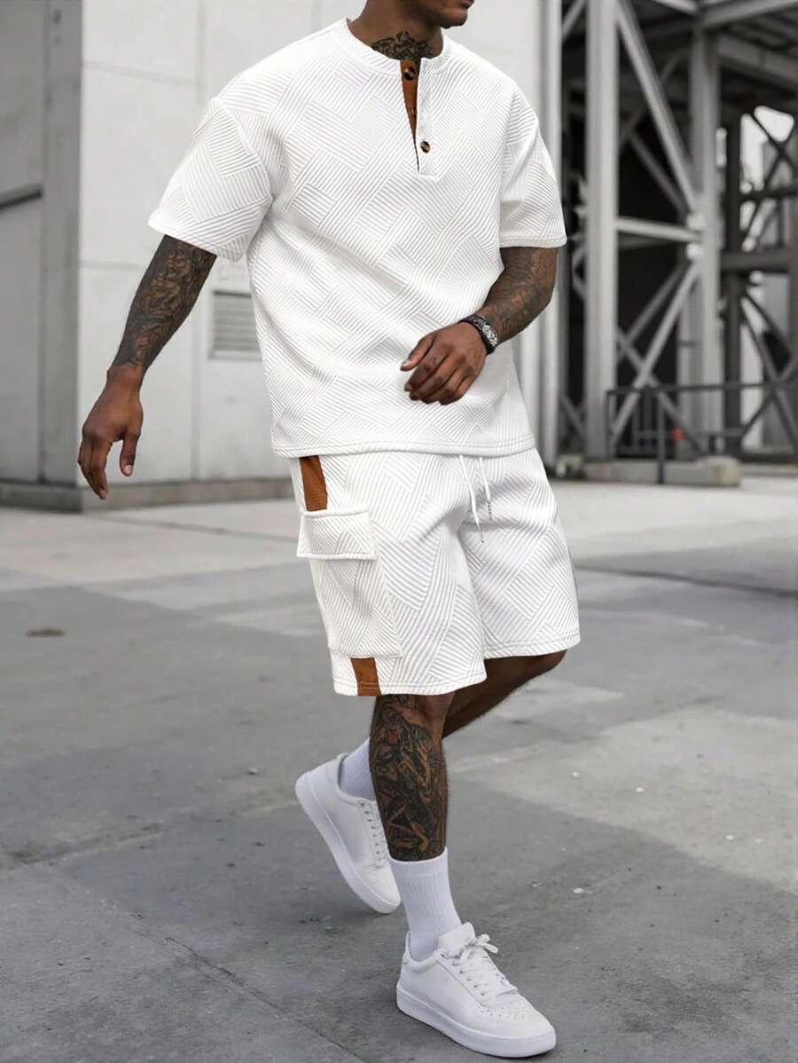 Manfinity Homme Conjunto de camiseta de manga corta con pantalón corto de color contrastante para hombres, 2 piezas