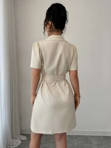 Selianne Blazer Collar Buckle Belt Waist Double-Breasted Puff Sleeve Dress