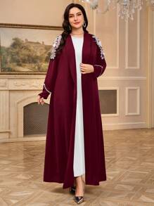 Al Najma Plus Size Women Floral Faux Pearl Abaya, Modest Robe - Burgundy - View 4