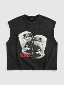 ROMWE MEN Street Life Men's Washed Letter & Hip Hop Character Print Crop Fit Tank Top - Black - View 5