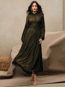 Anewsta 春季、节日、女士服装 女士长袖蕾丝酒红色连衣裙 长款女士服装 - 軍綠色 - 查看 7