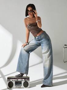 EURMUSE Cowgirl Outfit Y2K Vintage Blue Boyfriend Style Denim Pants Rave Outfits Women's Spring And Summer Loose Wide Leg Jeans - Medium Wash - View 1