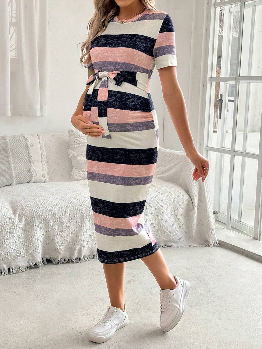 SHEIN Maternity Full Print Stretchy Knit Colorful Striped Pattern Long Dress - Multicolor - View 1