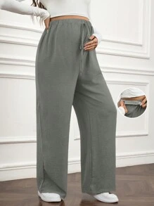 SHEIN Maternity Adjustable Waist Wide Leg Palazzo Pants, Solid Color, Casual & Versatile - Grey - View 1