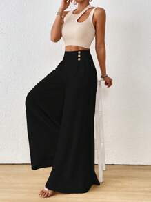 SoleilVie 女士纯色高腰纽扣设计宽松阔腿裤