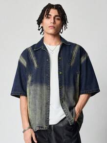 ROMWE MEN Street Life Áo khoác denim tay ngắn đơn hàng khuy rộng thoải mái cho nam - Màu xanh lam - Xem 1