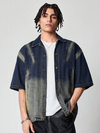 Grunge Punk Chaqueta vaquera casual de manga corta y corte holgado de una sola hilera para hombre