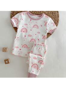 Loomiva 女婴花卉植物印花紧身睡衣套装，柔软针织圆领长袖上衣和松紧腰紧身裤 - 杏色 - 查看 1