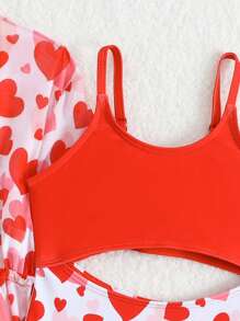 1pc Young Girl Printed One-Piece Swimsuit With Cover-Up - Red - View 6