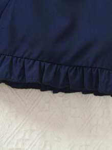 Young Girl 2pcs Set: Short Sleeve Shirt And Matching Color Frill Hem Shorts, Spring/Summer