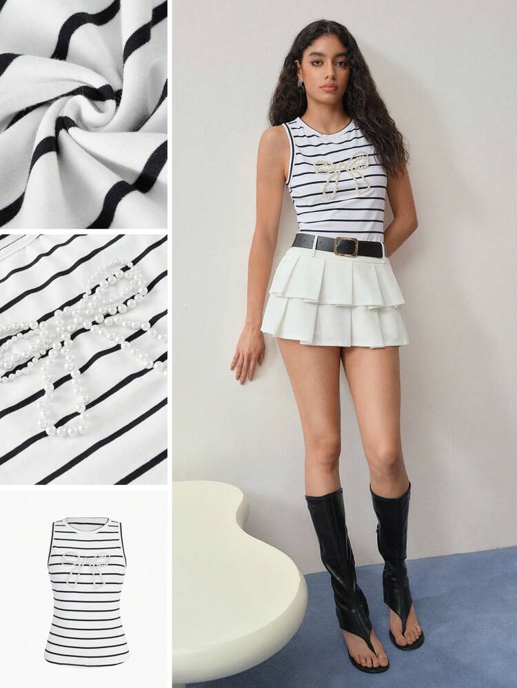 MOTF STUDIO FAUX PEARL BOW PATTERN STRIPED TANK TOP, COTTON FABRIC