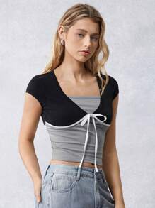 SHEIN EZwear Áo thun bó sát buộc dây phía trước màu tương phản dành cho nữ - Nhiều màu - Xem 3