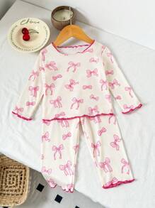 SHEIN Playful Pals 2 件套女婴幼儿 0-3 岁可爱甜美休闲日常趣味图案蝴蝶结罗纹针织圆领长袖修身 T 恤和修身裤装，适合家居穿着 - 杏色 - 查看 2