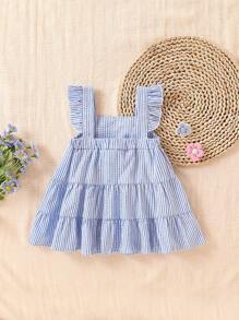 SHEIN Playful Pals 女婴休闲度假彩色条纹荷叶边吊带 3D 花卉装饰连衣裙，夏季