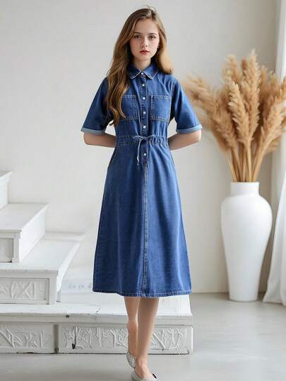 Teen Girl Vintage Boho Denim Shirt Dress With Elastic Waistband And Button Closure.