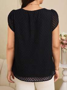 EMERY ROSE Plus Size Women Crew Neck Ruched Short Sleeve Fashionable Blouse,Summer For Women,Concert Wedding Guest,Western Wear Top,Flower/Vacation/Spring - Black - View 2