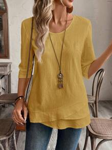 EMERY ROSE Camisa asimétrica verde con estampado de país, ropa de otoño para tallas grandes - Amarillo - Ver 3