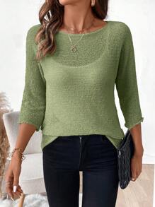 SHEIN LUNE Women Solid Color Round Neck 3/4 Sleeve Casual Loose Sweater Knit Pullover Fall Winter - Army Green - View 4