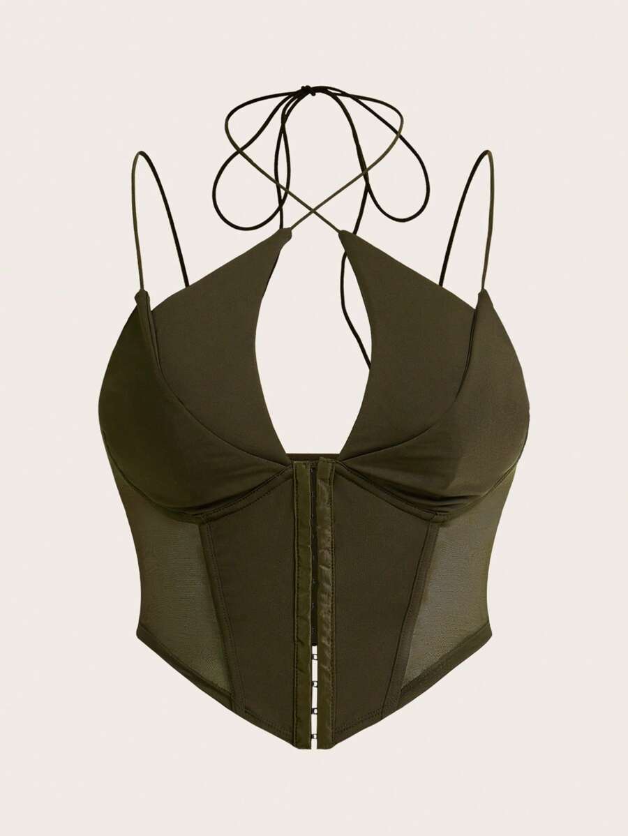 SHEIN ICON 钩眼网眼插入短款吊带背心黑色紧身胸衣上衣 - 橄欖綠 - 查看 1