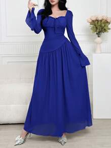 Feyla 女士纯色荷叶边系带喇叭袖连衣裙，优雅女士正式礼服 - 藍色 - 查看 3