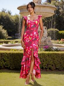 Miriam Omar Designer Boho Bohemian Rose Red Floral Print Ruffled Mid-Slit Maxi Sundress For Spring And Summer Vacation, Festival, Concert Outfit, Ibiza Fits, Prom Dress Brunch Outfits Tea Party Dress Rave Outfit - Hot Pink - View 1