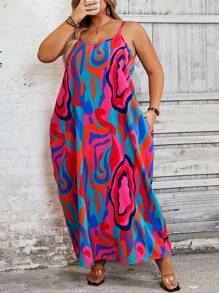 SHEIN CURVE+ Plus Size Summer Abstract Printed Spaghetti Strap Dress Boho Vacation - Multicolor - View 7