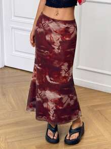 SHEIN EZwear 女士优雅扎染印花网眼裙，夏季