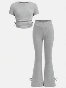 SHEIN 青少年女孩两件套：圆领褶皱短袖修身针织 T 恤和喇叭裤，休闲装 - 淺灰色 - 查看 1