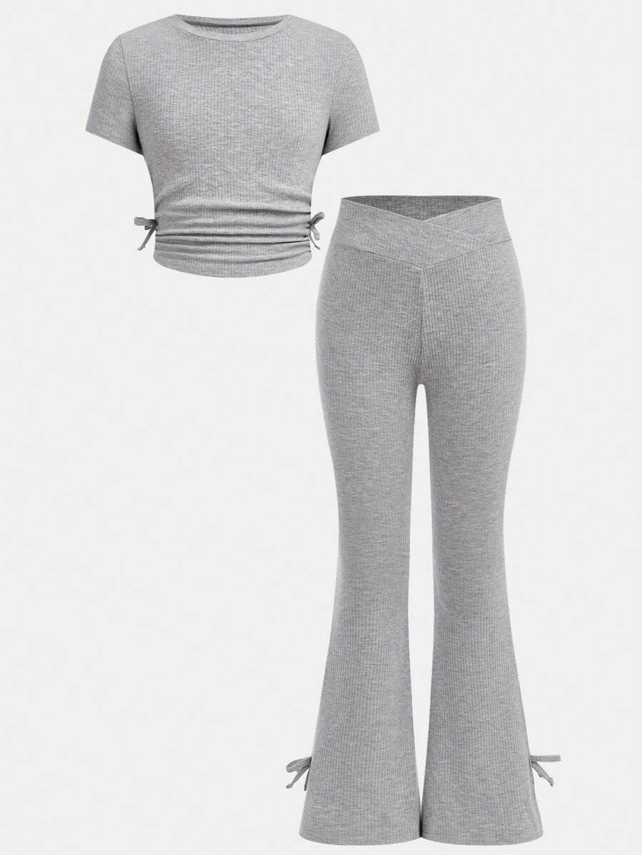 SHEIN 青少年女孩两件套：圆领褶皱短袖修身针织 T 恤和喇叭裤，休闲装 - 淺灰色 - 查看 1