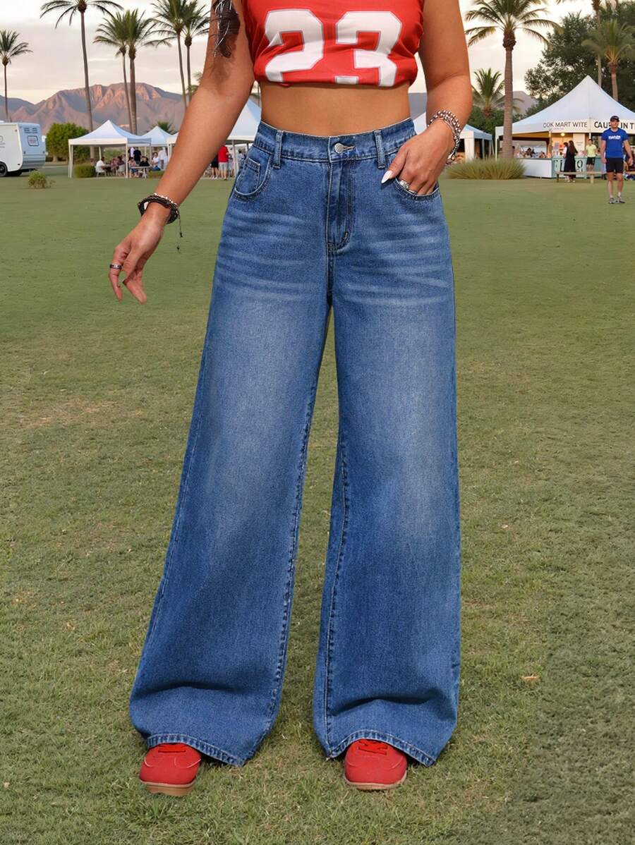 SHEIN EZwear Damen Lässig Fitted Weite Bein Blaue Jeans Sommer für Frauen, Konzert Streetwear für Damen