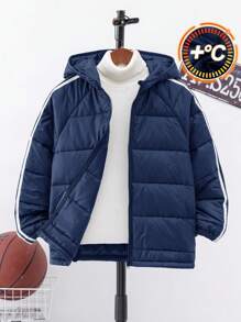 SHEIN Crianças Tween Boy Casual Listrado Fita Com Capuz Zip-Up Grosso Quente Acolchoado Casaco, Preto Inverno Acolchoado Casaco, Adequado Para Outono E Inverno