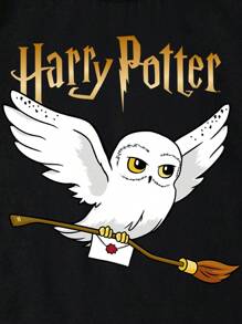 HARRY POTTER X SHEIN Camiseta de manga corta informal y cómoda con estampado de dibujos animados para niño preadolescente, para el verano - Negro - Ver 5
