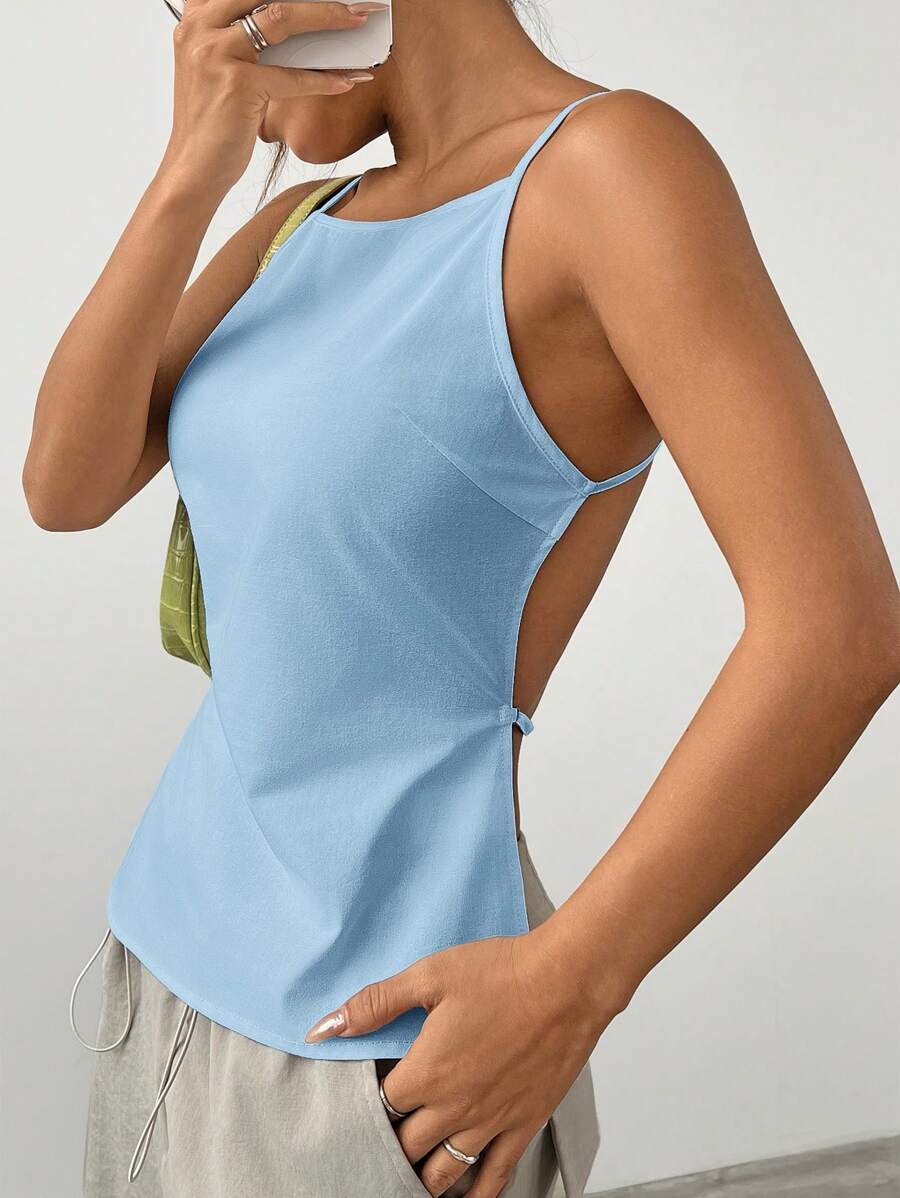 SHEIN EZwear Top de tirantes finos sin espalda de color liso para mujer, simple y elegante, adecuado para el verano - Azul - Ver 1