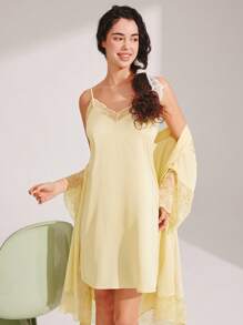 LUVLETTE Yellow Silky Satin Luxurious Lace Trim V-Neck Strappy Camisole Bridal Loungewear Airy Slip Dress Nightdress Lingerie As Outerwear Babydoll